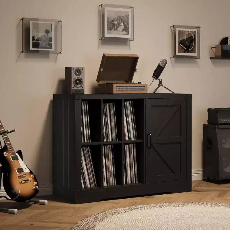 Record Player Stand with Vinyl Storage, Farmhouse Turntable Cabinet with Door, Vinyl Display Holder Shelves, Wooden Storage for Living Room, Black