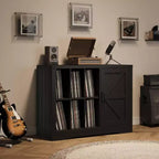 Record Player Stand with Vinyl Storage, Farmhouse Turntable Cabinet with Door, Vinyl Display Holder Shelves, Wooden Storage for Living Room, Black