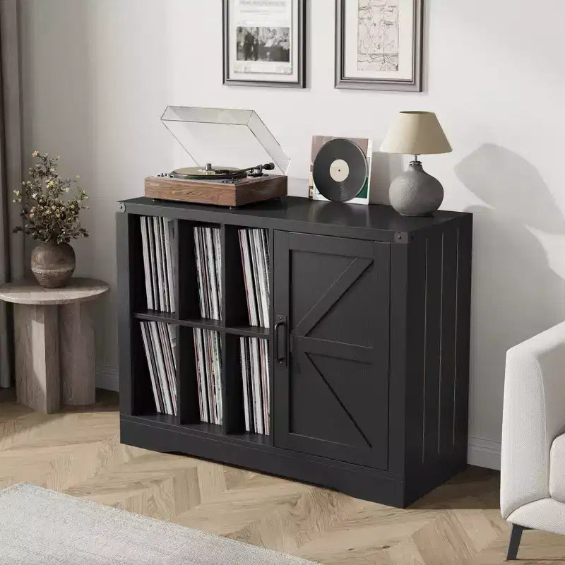 Record Player Stand with Vinyl Storage, Farmhouse Turntable Cabinet with Door, Vinyl Display Holder Shelves, Wooden Storage for Living Room, Black