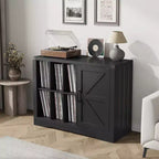 Record Player Stand with Vinyl Storage, Farmhouse Turntable Cabinet with Door, Vinyl Display Holder Shelves, Wooden Storage for Living Room, Black