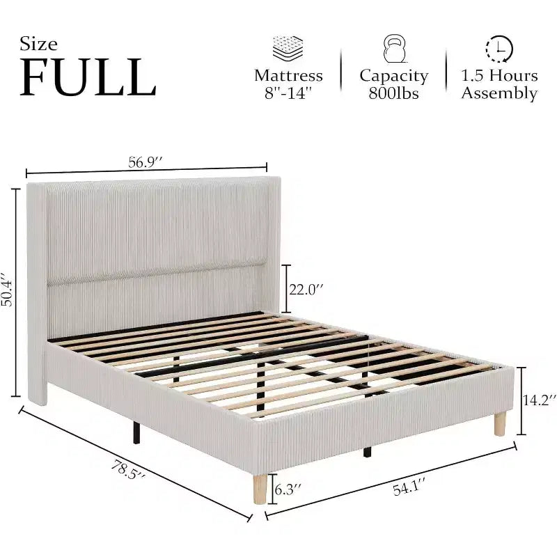Corduroy Upholstered Platform Bed with Wingback Headboard, Wood Slats, No Box Spring Needed