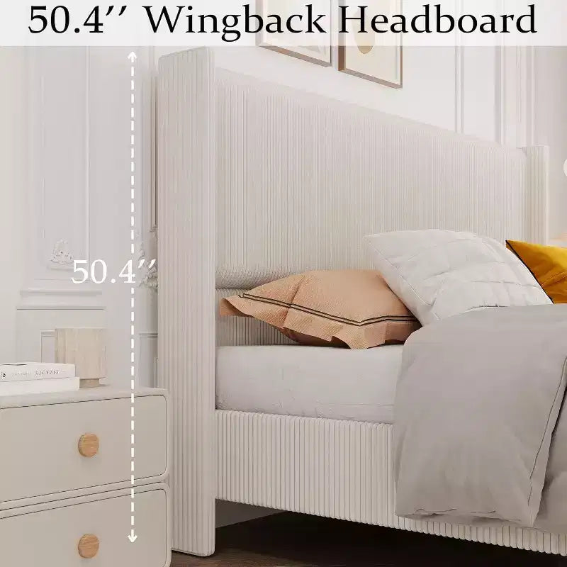 Corduroy Upholstered Platform Bed with Wingback Headboard, Wood Slats, No Box Spring Needed