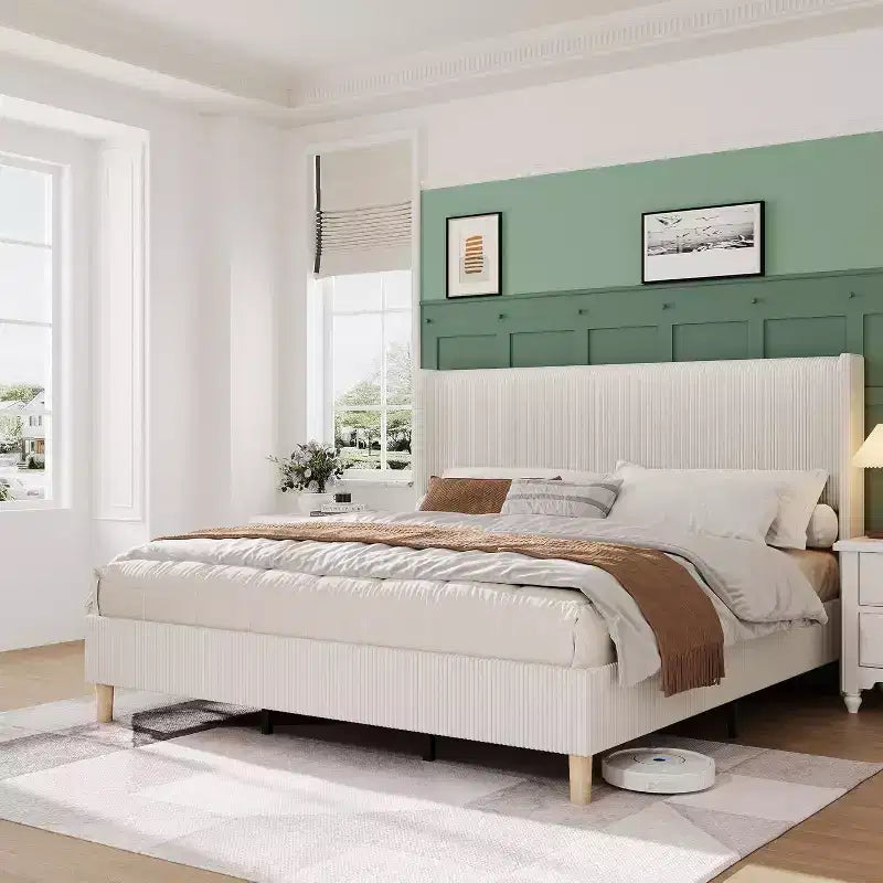 Corduroy Upholstered Platform Bed with Wingback Headboard, Wood Slats, No Box Spring Needed