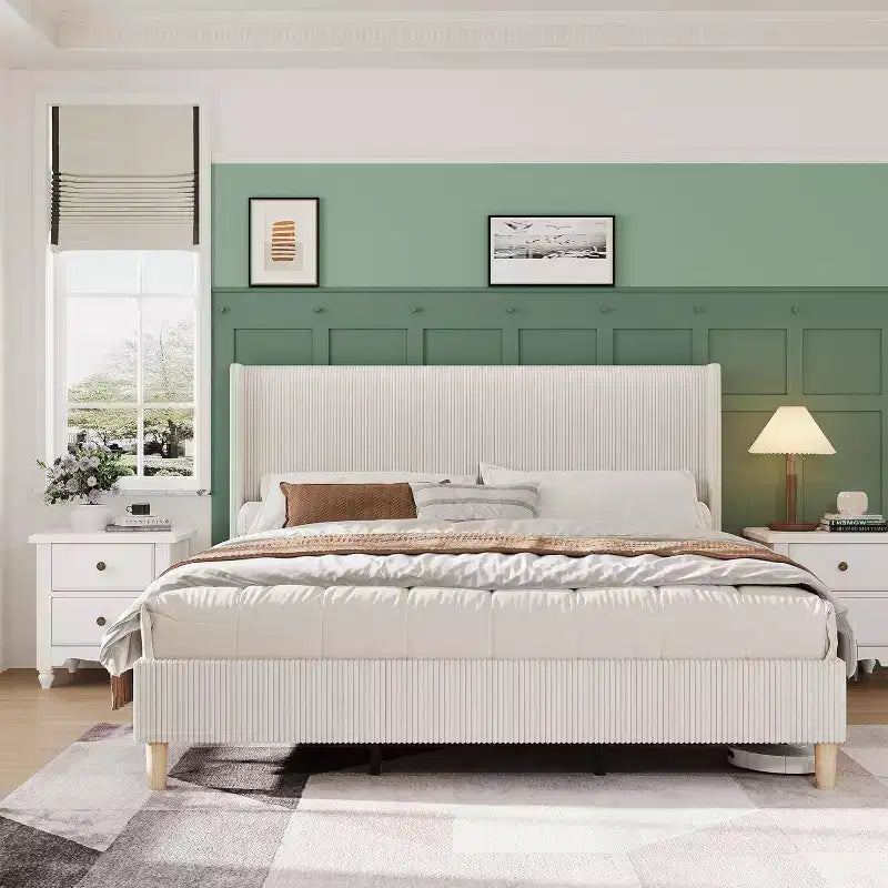 Corduroy Upholstered Platform Bed with Wingback Headboard, Wood Slats, No Box Spring Needed