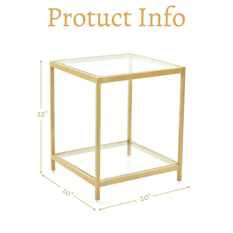 20 in. Square 2-Tier Tempered Glass End Table, Side Accent Table with Metal Frame for Living Room or Bedroom