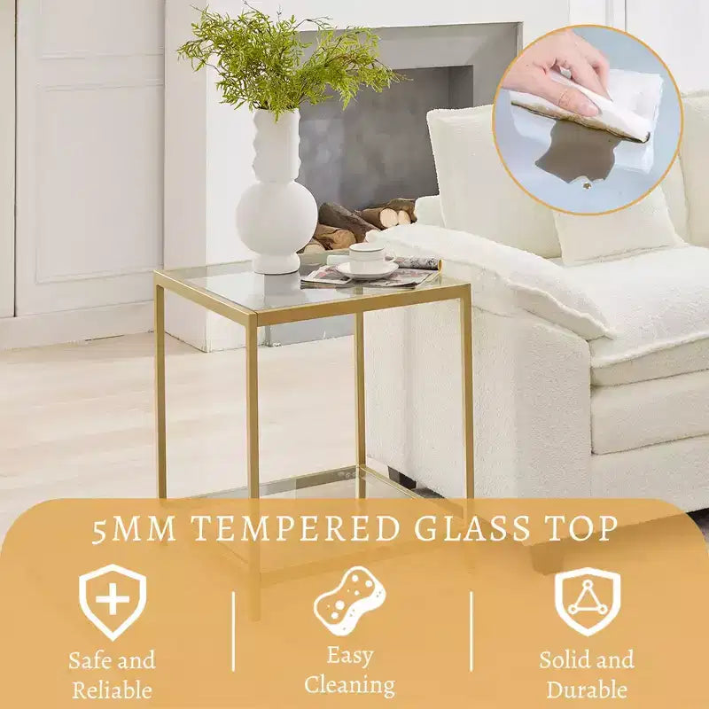 20 in. Square 2-Tier Tempered Glass End Table, Side Accent Table with Metal Frame for Living Room or Bedroom