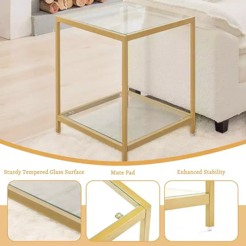 20 in. Square 2-Tier Tempered Glass End Table, Side Accent Table with Metal Frame for Living Room or Bedroom