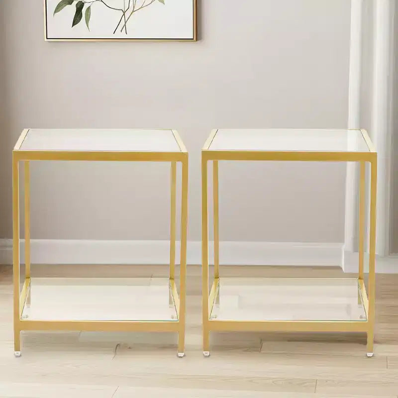 20 in. Square 2-Tier Tempered Glass End Table, Side Accent Table with Metal Frame for Living Room or Bedroom