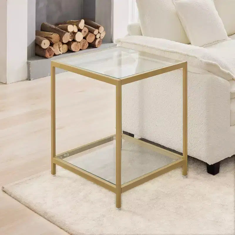 20 in. Square 2-Tier Tempered Glass End Table, Side Accent Table with Metal Frame for Living Room or Bedroom