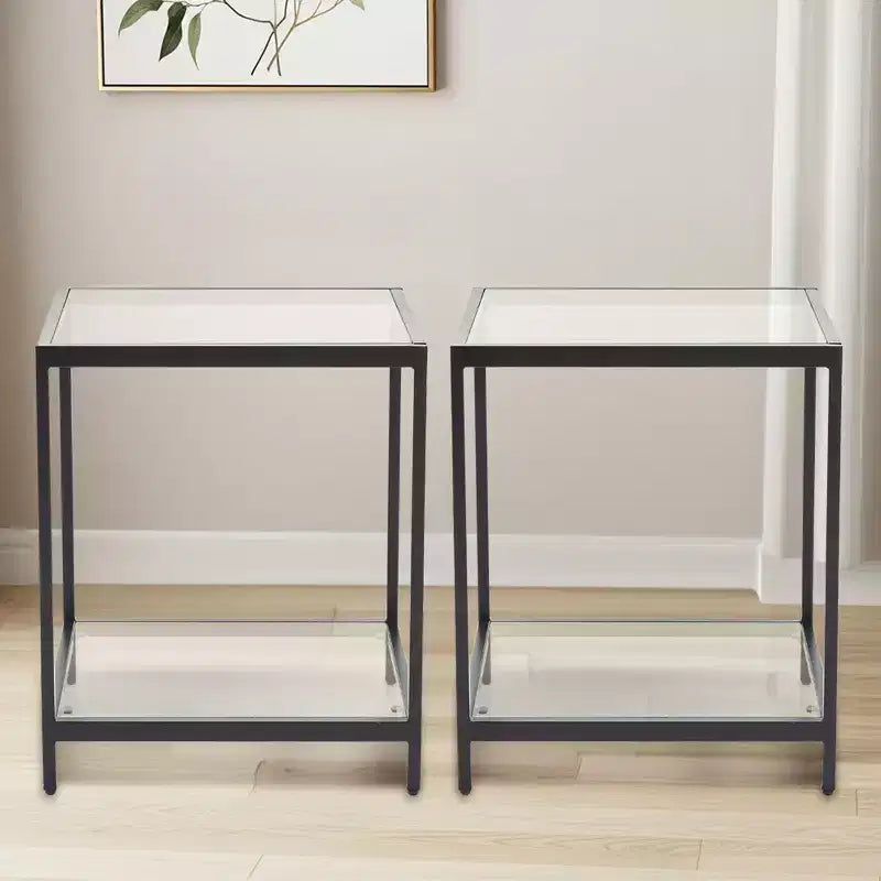20 in. Square 2-Tier Tempered Glass End Table, Side Accent Table with Metal Frame for Living Room or Bedroom