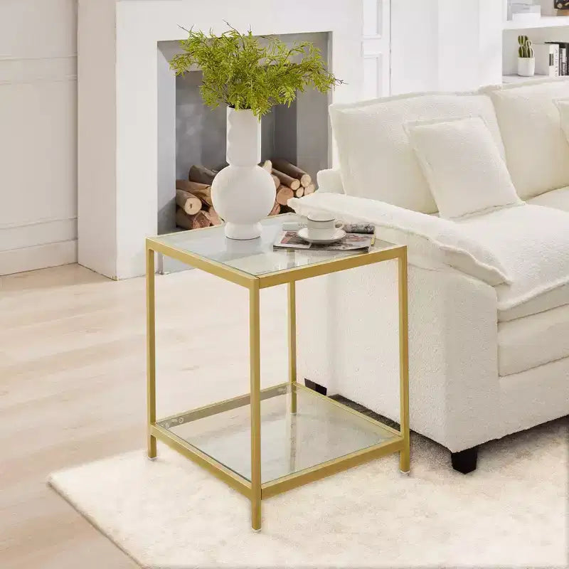 20 in. Square 2-Tier Tempered Glass End Table, Side Accent Table with Metal Frame for Living Room or Bedroom