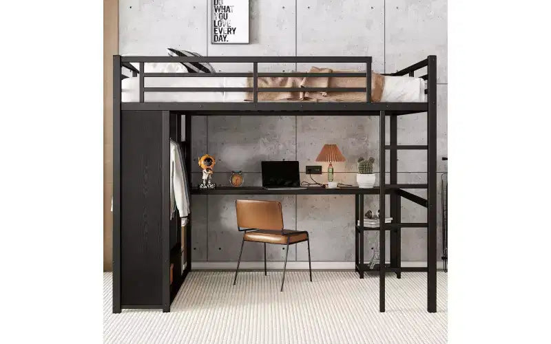 Queen Size Metal Loft Bed with Desk and Wardrobe, Storage Shelves and Guardrails, Black