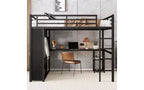 Queen Size Metal Loft Bed with Desk and Wardrobe, Storage Shelves and Guardrails, Black