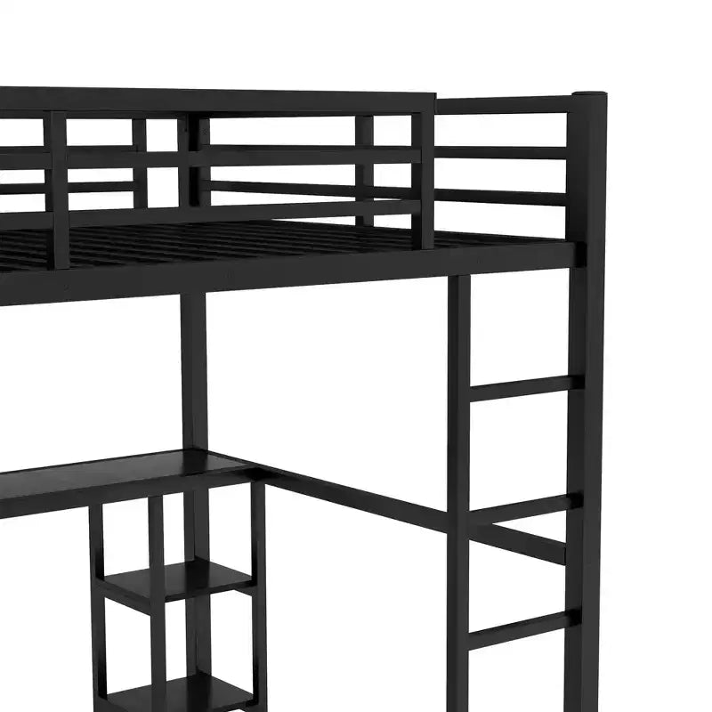 Queen Size Metal Loft Bed with Desk and Wardrobe, Storage Shelves and Guardrails, Black