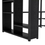 Queen Size Metal Loft Bed with Desk and Wardrobe, Storage Shelves and Guardrails, Black