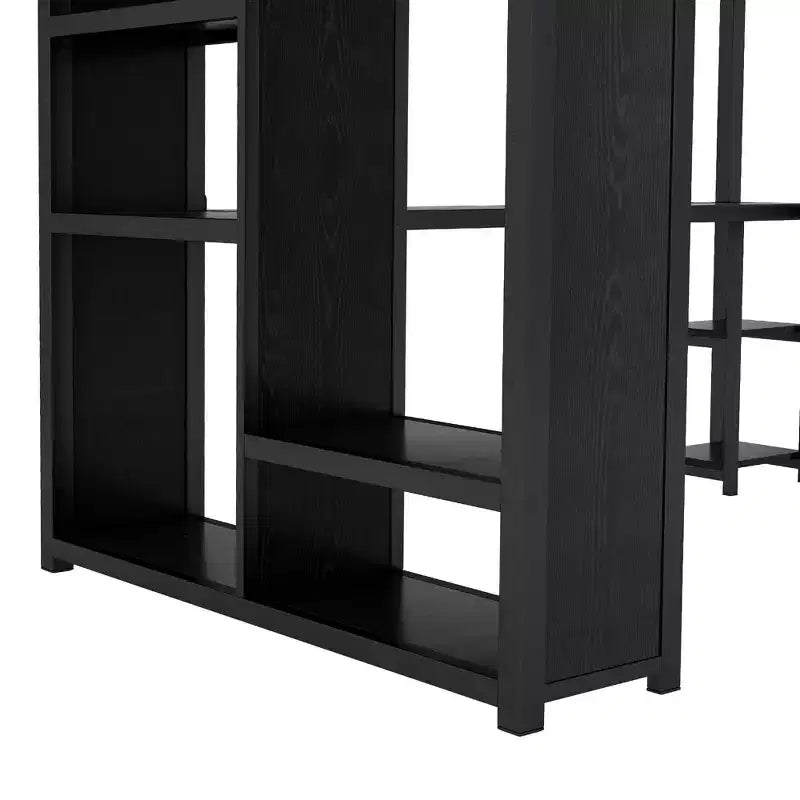 Queen Size Metal Loft Bed with Desk and Wardrobe, Storage Shelves and Guardrails, Black