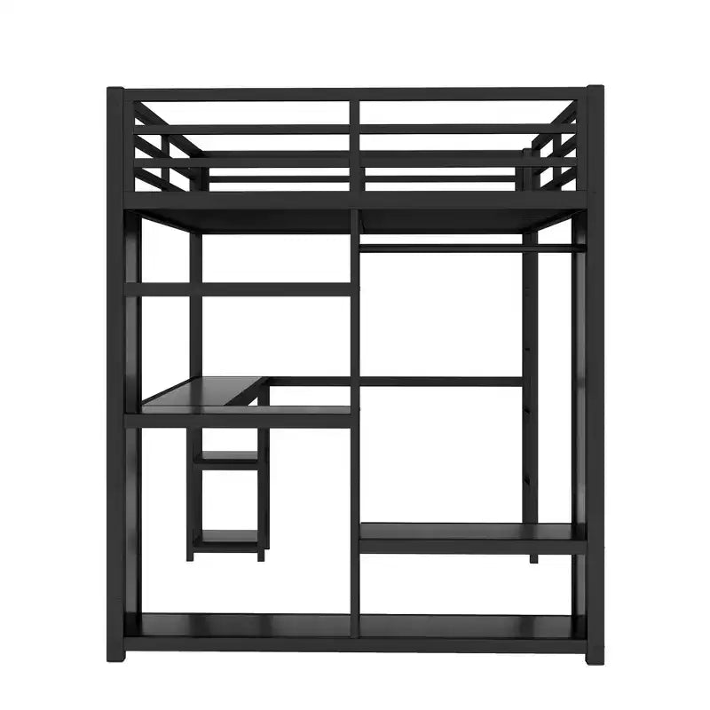 Queen Size Metal Loft Bed with Desk and Wardrobe, Storage Shelves and Guardrails, Black