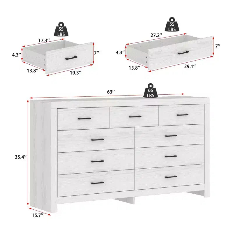 Rustic 9-Drawer Chest Dresser Organizer Compartments Solid Build, Spacious Drawers