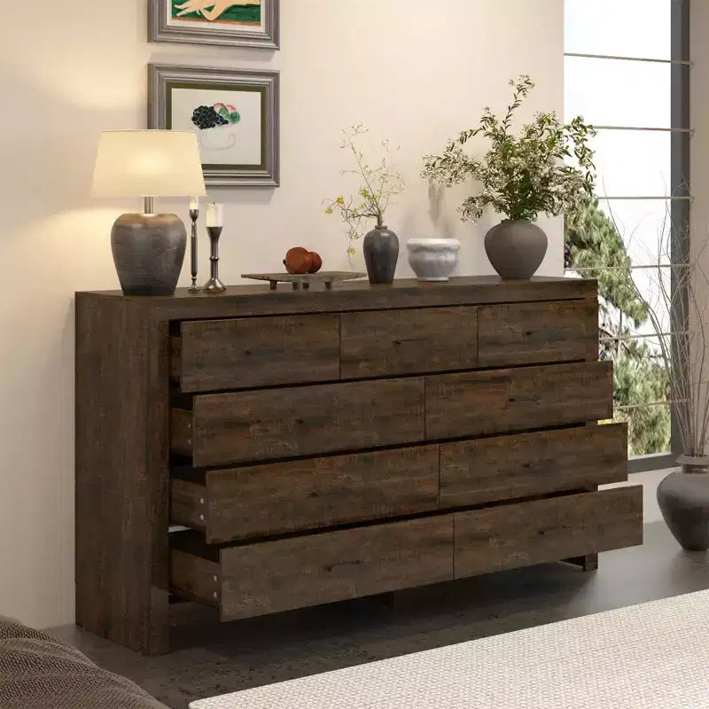 Rustic 9-Drawer Chest Dresser Organizer Compartments Solid Build, Spacious Drawers