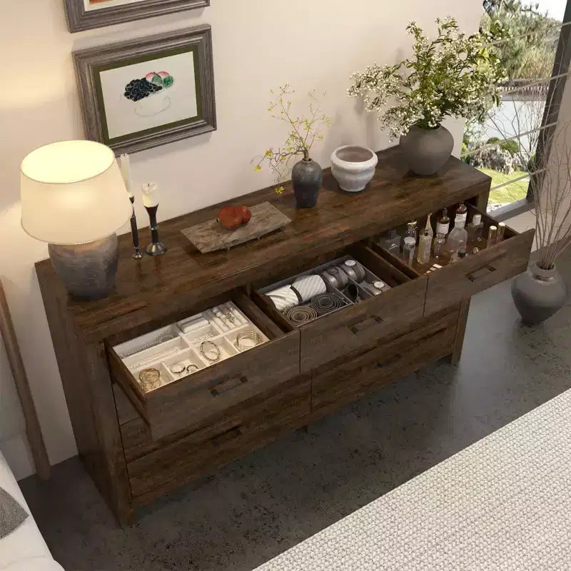 Rustic 9-Drawer Chest Dresser Organizer Compartments Solid Build, Spacious Drawers
