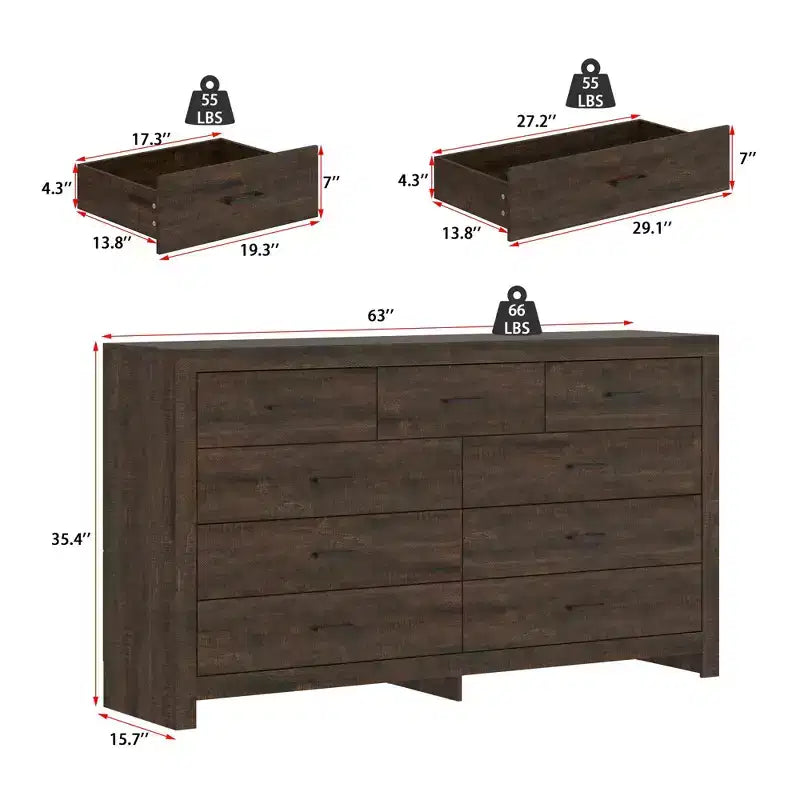 Rustic 9-Drawer Chest Dresser Organizer Compartments Solid Build, Spacious Drawers