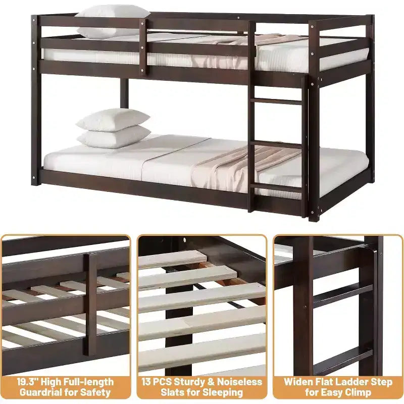 Wooden Bunk Bed Twin Over Twin, Solid Rubberwood Bed Frame with Built-in Ladder, for Small Spaces, Bedroom, Space Saving, No Box Spring Needed