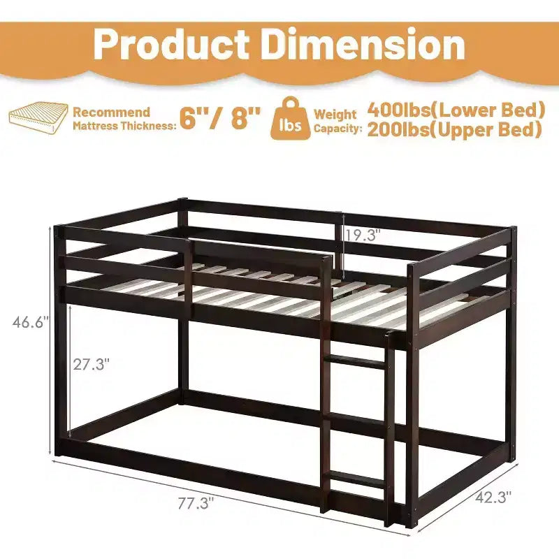 Wooden Bunk Bed Twin Over Twin, Solid Rubberwood Bed Frame with Built-in Ladder, for Small Spaces, Bedroom, Space Saving, No Box Spring Needed