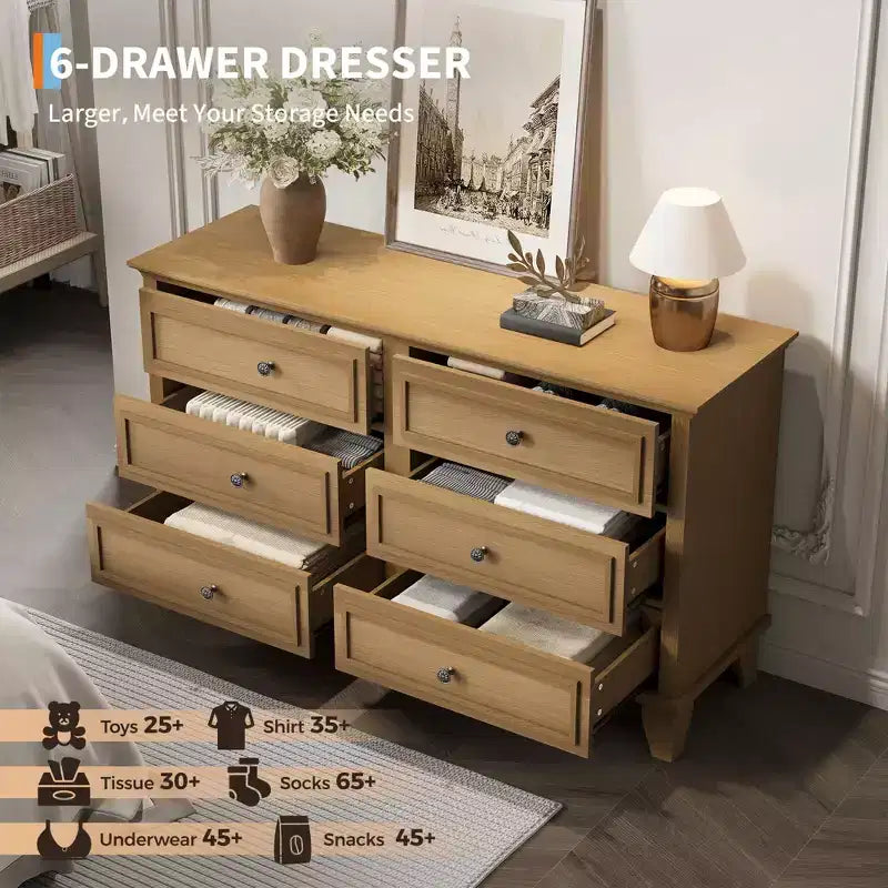Farmhouse Brown Dresser for Bedroom with 6 Drawer, Double Dresser TV Stand with Vintage Handle, Wide Wood Dressers & Chests of Drawers