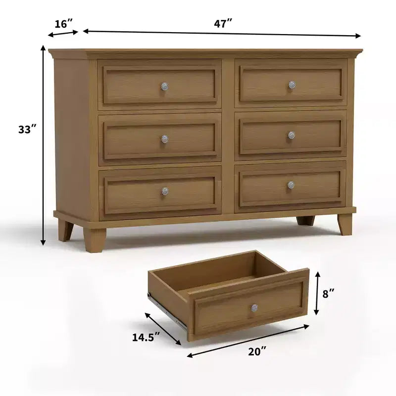 Farmhouse Brown Dresser for Bedroom with 6 Drawer, Double Dresser TV Stand with Vintage Handle, Wide Wood Dressers & Chests of Drawers