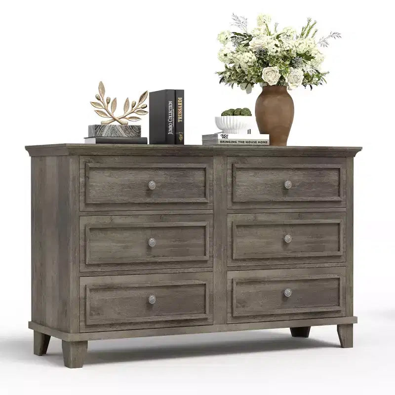 Farmhouse Brown Dresser for Bedroom with 6 Drawer, Double Dresser TV Stand with Vintage Handle, Wide Wood Dressers & Chests of Drawers