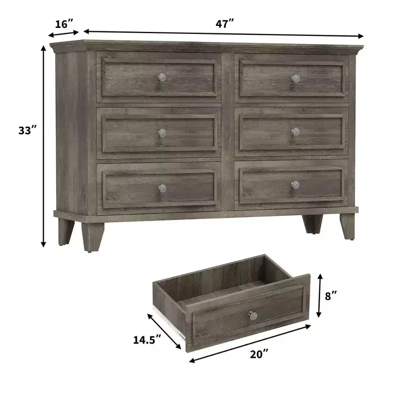 Farmhouse Brown Dresser for Bedroom with 6 Drawer, Double Dresser TV Stand with Vintage Handle, Wide Wood Dressers & Chests of Drawers