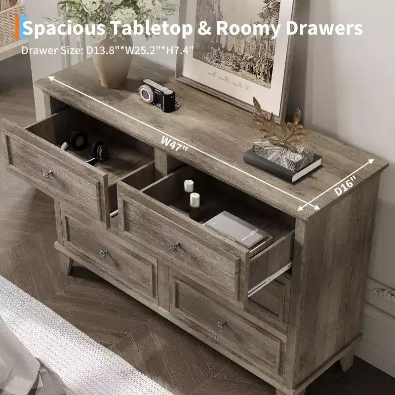 Farmhouse Brown Dresser for Bedroom with 6 Drawer, Double Dresser TV Stand with Vintage Handle, Wide Wood Dressers & Chests of Drawers