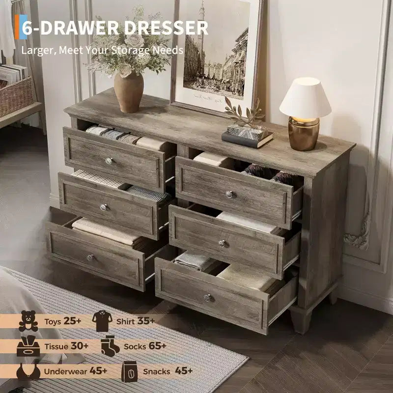 Farmhouse Brown Dresser for Bedroom with 6 Drawer, Double Dresser TV Stand with Vintage Handle, Wide Wood Dressers & Chests of Drawers