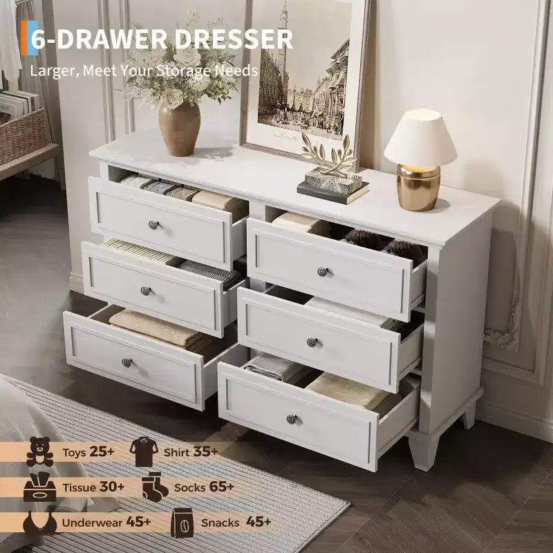 Farmhouse Brown Dresser for Bedroom with 6 Drawer, Double Dresser TV Stand with Vintage Handle, Wide Wood Dressers & Chests of Drawers
