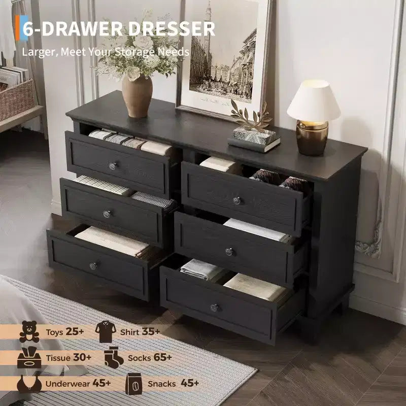 Farmhouse Brown Dresser for Bedroom with 6 Drawer, Double Dresser TV Stand with Vintage Handle, Wide Wood Dressers & Chests of Drawers