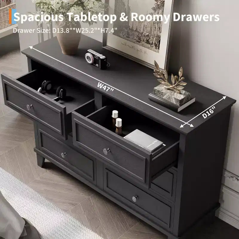 Farmhouse Brown Dresser for Bedroom with 6 Drawer, Double Dresser TV Stand with Vintage Handle, Wide Wood Dressers & Chests of Drawers
