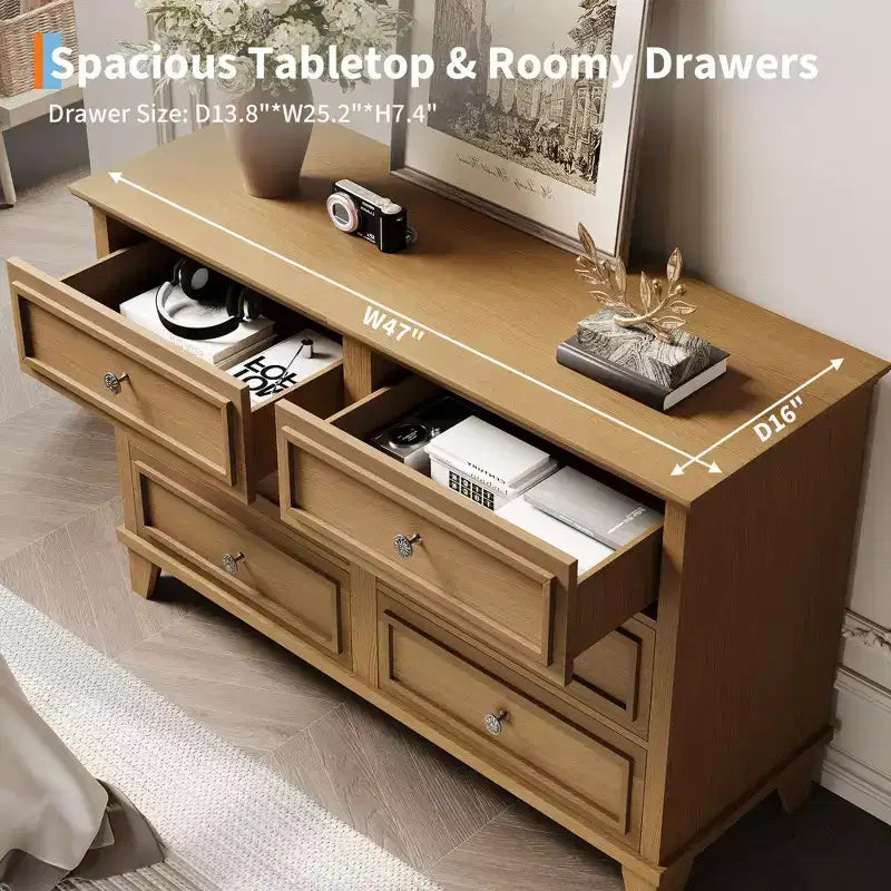 Farmhouse Brown Dresser for Bedroom with 6 Drawer, Double Dresser TV Stand with Vintage Handle, Wide Wood Dressers & Chests of Drawers