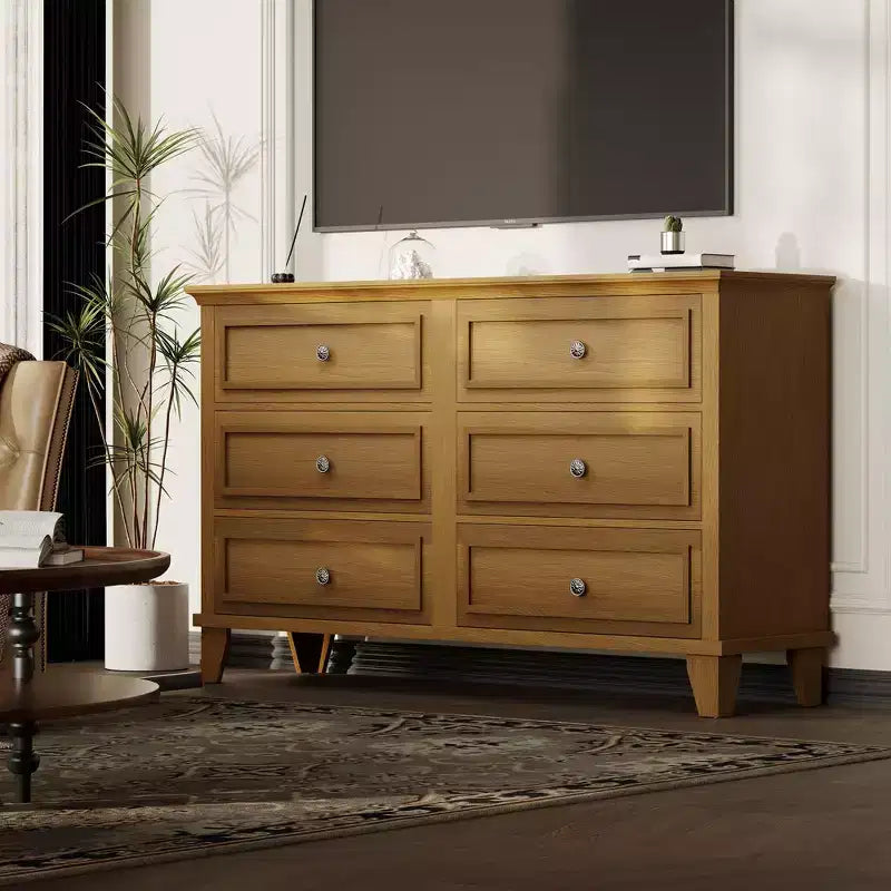 Farmhouse Brown Dresser for Bedroom with 6 Drawer, Double Dresser TV Stand with Vintage Handle, Wide Wood Dressers & Chests of Drawers