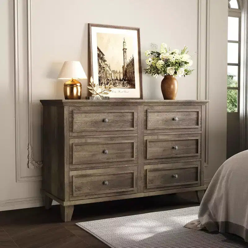 Farmhouse Brown Dresser for Bedroom with 6 Drawer, Double Dresser TV Stand with Vintage Handle, Wide Wood Dressers & Chests of Drawers