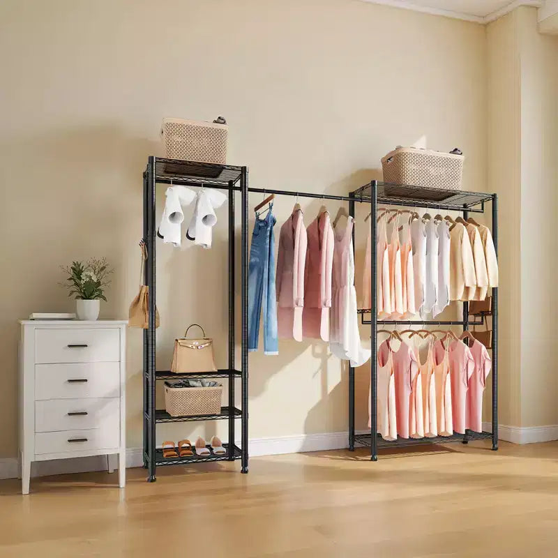 Clothing Garment Rack, Heavy Duty Clothes Rack, Freestanding Clothes Racks with Steel Frame, 800 lbs Load Capacity with Storage Shelves, Black