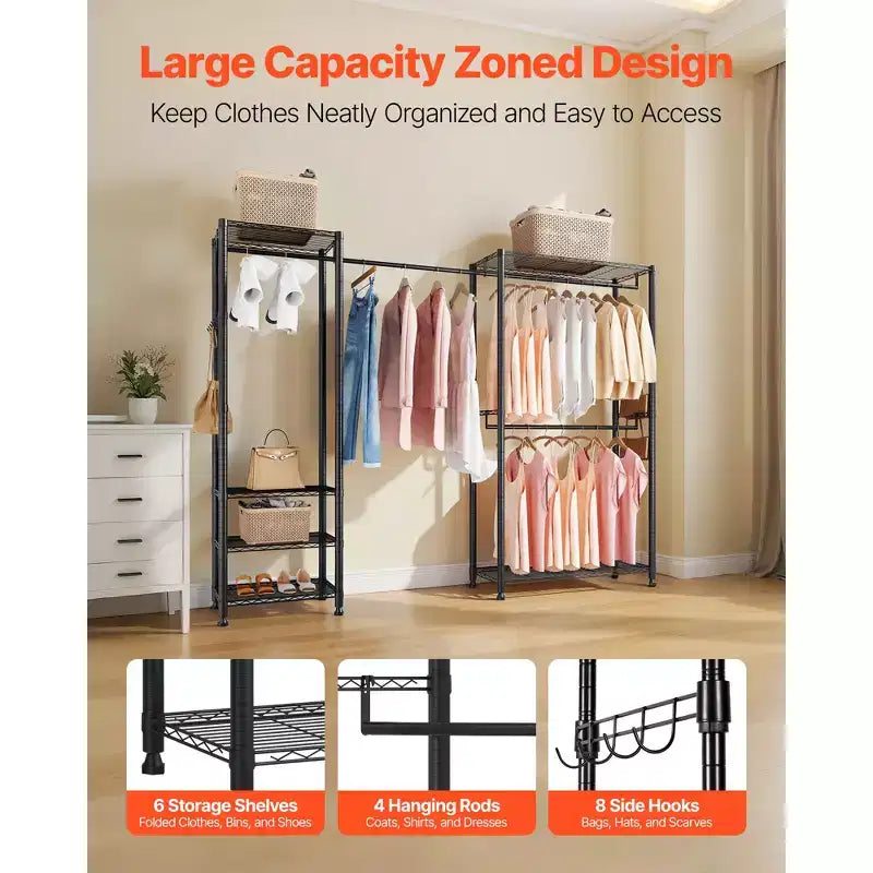 Clothing Garment Rack, Heavy Duty Clothes Rack, Freestanding Clothes Racks with Steel Frame, 800 lbs Load Capacity with Storage Shelves, Black