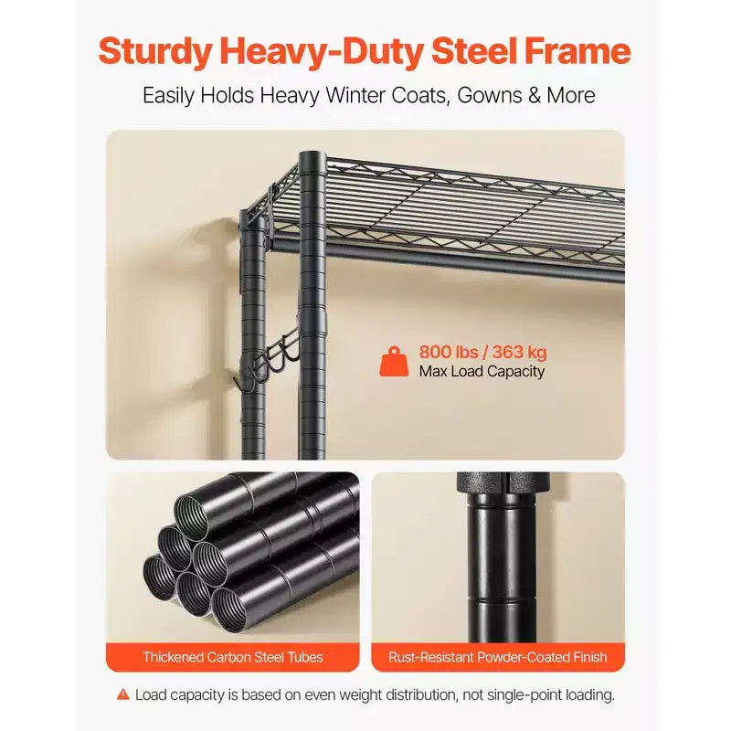 Clothing Garment Rack, Heavy Duty Clothes Rack, Freestanding Clothes Racks with Steel Frame, 800 lbs Load Capacity with Storage Shelves, Black