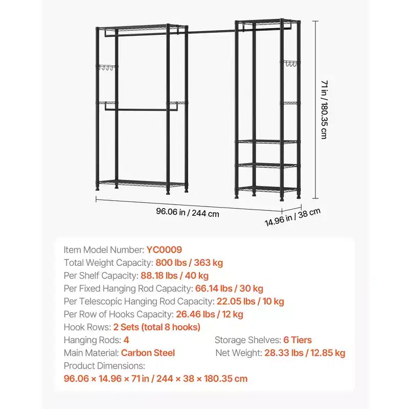 Clothing Garment Rack, Heavy Duty Clothes Rack, Freestanding Clothes Racks with Steel Frame, 800 lbs Load Capacity with Storage Shelves, Black