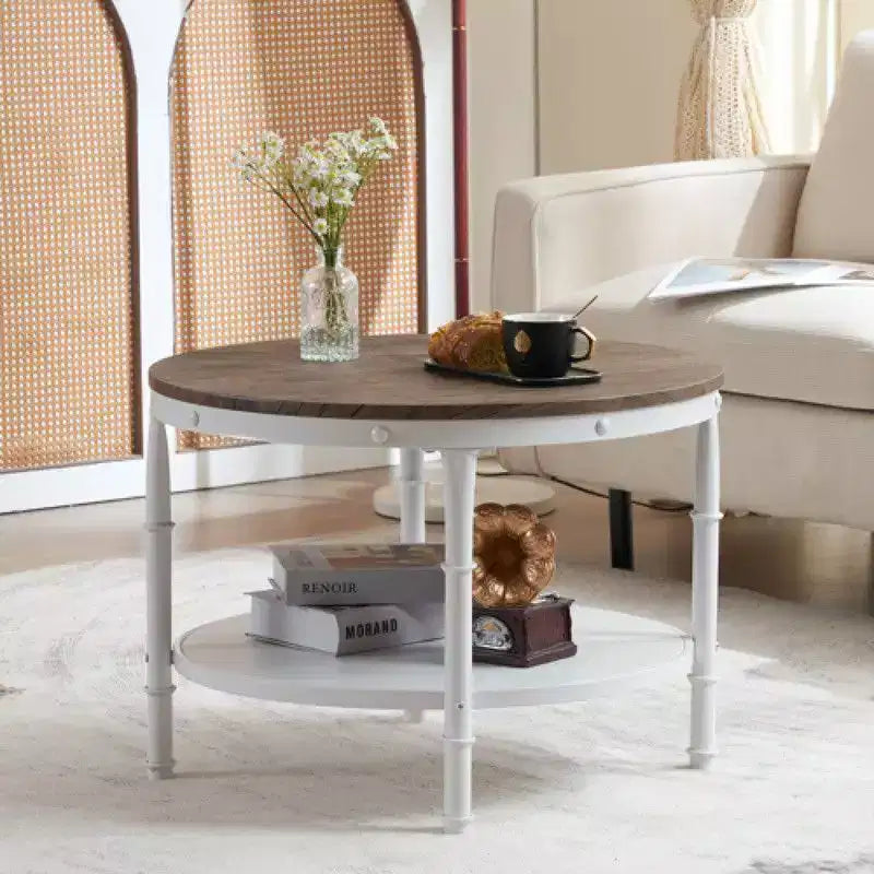25.2in Double-layer Round Dark Walnut-colored Black-veined MDF Panel, White Wrinkled Baked Iron Frame, Industrial Style Coffee Table