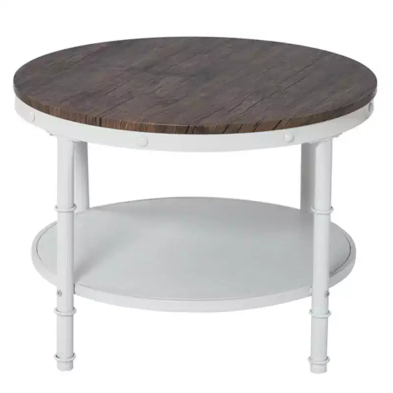 25.2in Double-layer Round Dark Walnut-colored Black-veined MDF Panel, White Wrinkled Baked Iron Frame, Industrial Style Coffee Table