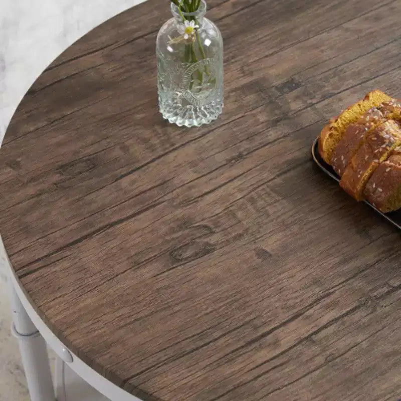 25.2in Double-layer Round Dark Walnut-colored Black-veined MDF Panel, White Wrinkled Baked Iron Frame, Industrial Style Coffee Table
