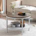 25.2in Double-layer Round Dark Walnut-colored Black-veined MDF Panel, White Wrinkled Baked Iron Frame, Industrial Style Coffee Table