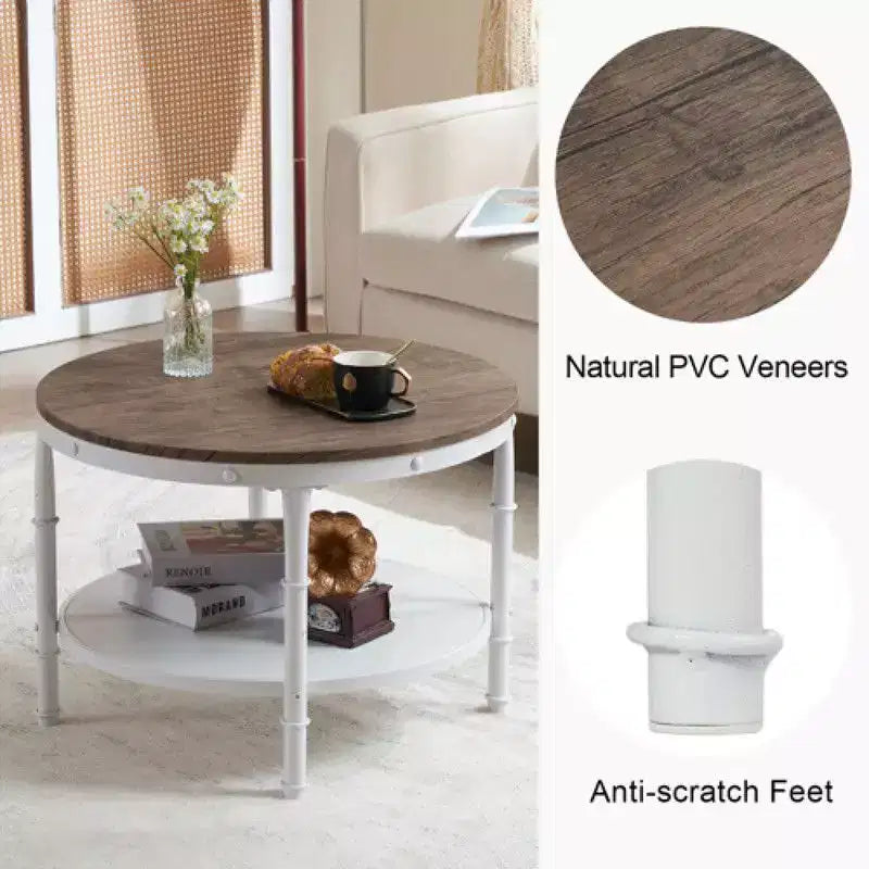25.2in Double-layer Round Dark Walnut-colored Black-veined MDF Panel, White Wrinkled Baked Iron Frame, Industrial Style Coffee Table