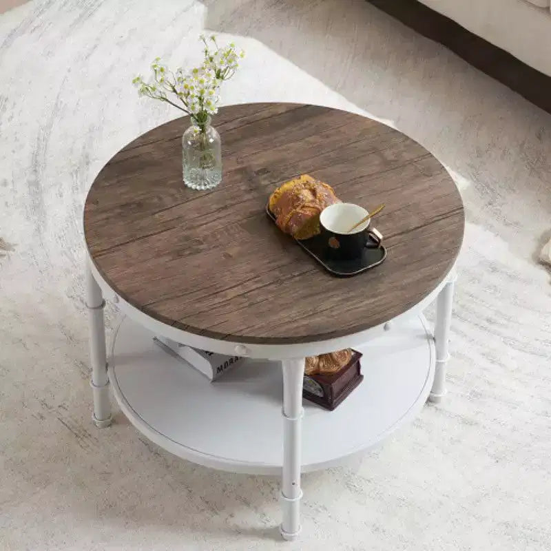 25.2in Double-layer Round Dark Walnut-colored Black-veined MDF Panel, White Wrinkled Baked Iron Frame, Industrial Style Coffee Table