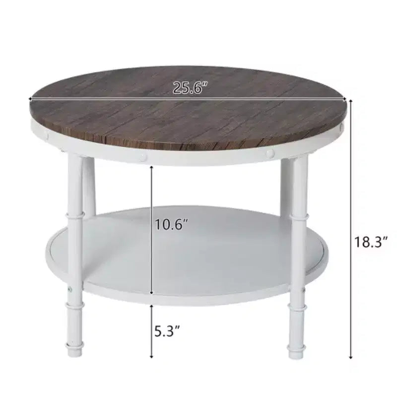25.2in Double-layer Round Dark Walnut-colored Black-veined MDF Panel, White Wrinkled Baked Iron Frame, Industrial Style Coffee Table